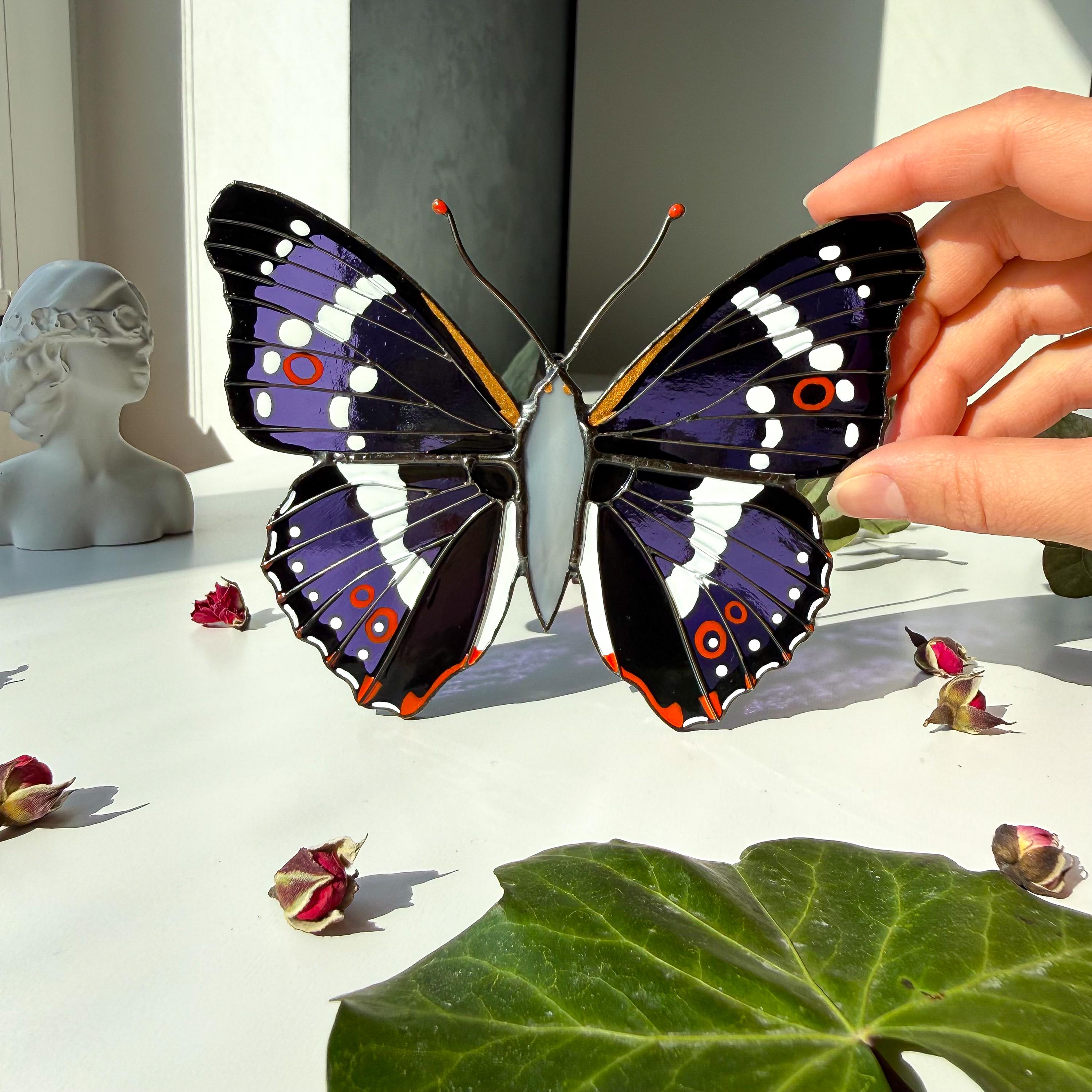 SunStainedGlassUA Purple Emperor Butterfly Stained Glass Suncatcher 5.5in