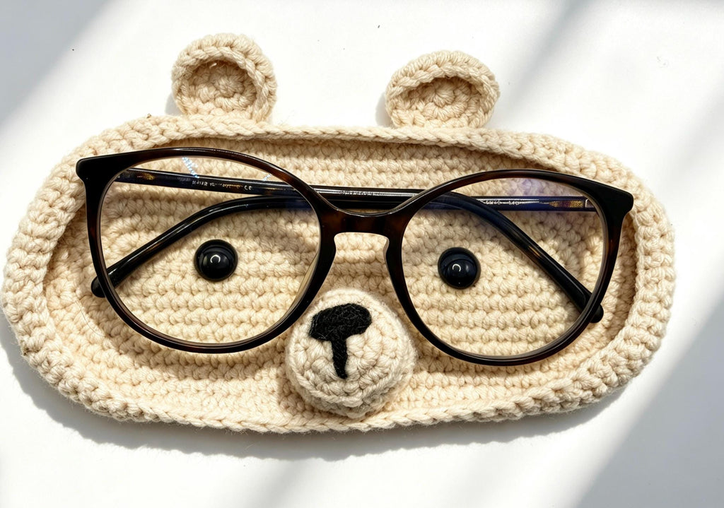 CrochetRecipe Handmade Piggy Bear Crochet Eyeglass Holder Stand Brown