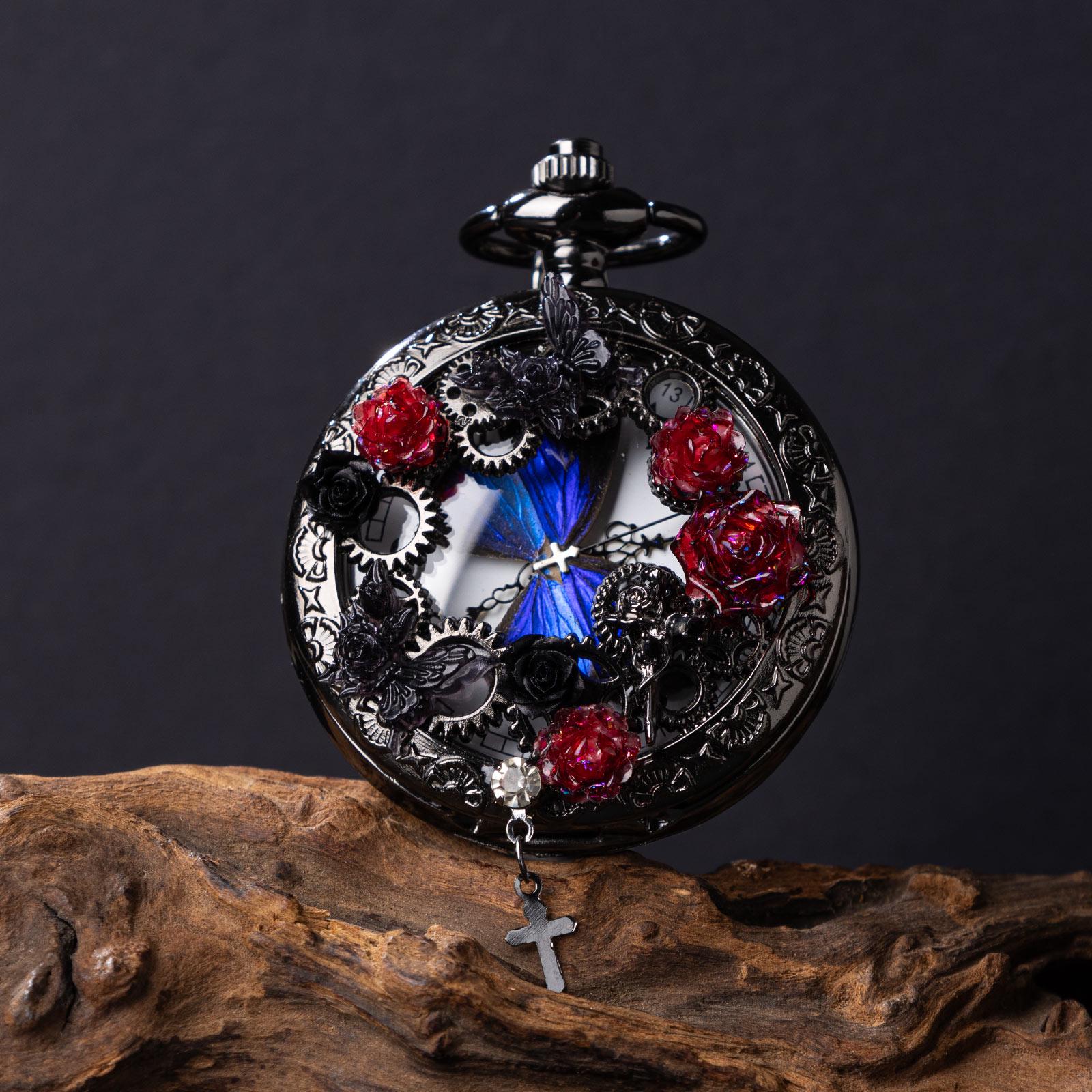 Oryeia Handmade Blue Butterfly Specimen Pocket Watch Necklace, Gothic Rose Pendant, Steampunk Jewelry