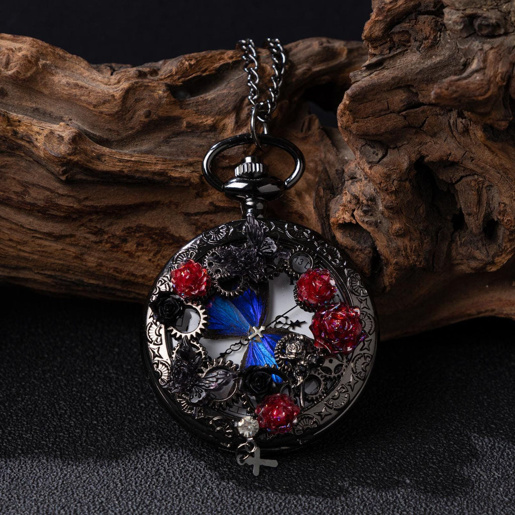 Oryeia Handmade Blue Butterfly Specimen Pocket Watch Necklace