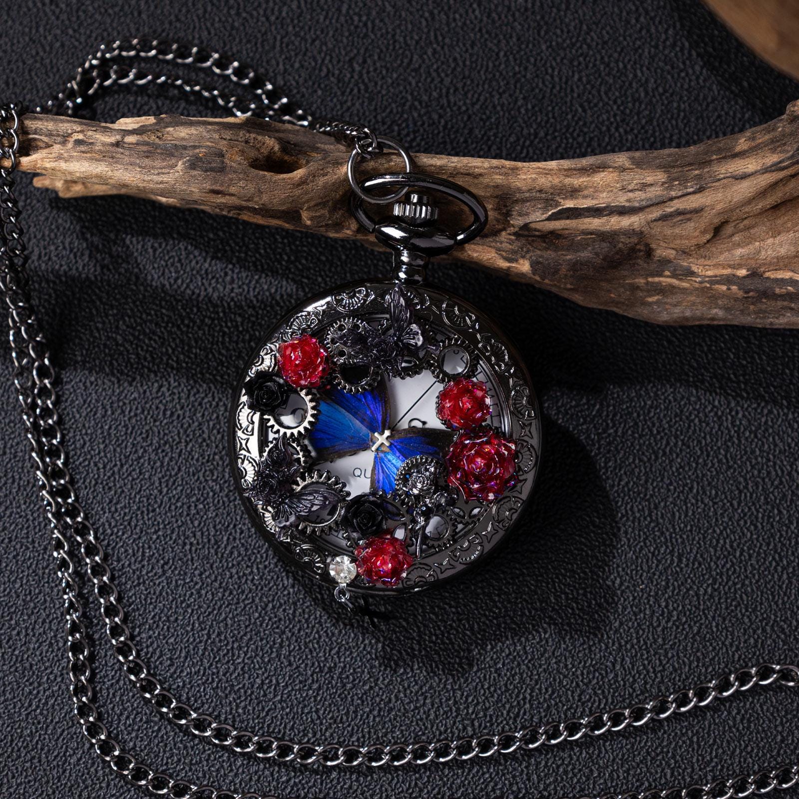Oryeia Handmade Blue Butterfly Specimen Pocket Watch Necklace, Gothic Rose Pendant, Steampunk Jewelry