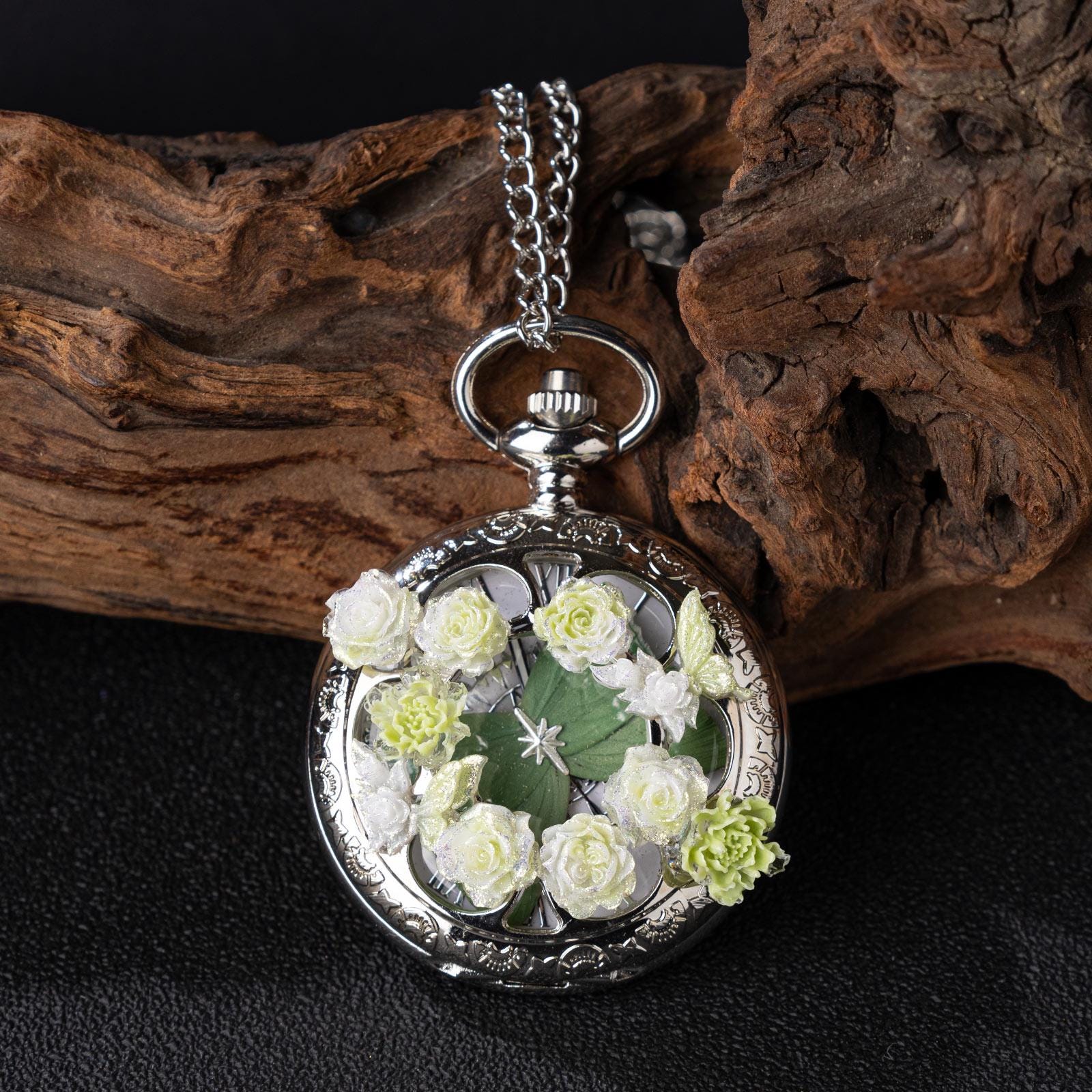Oryeia Green Butterfly Specimen Handmade Pocket Watch Necklace