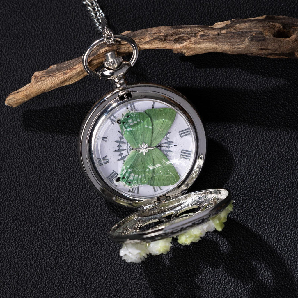 Oryeia Green Butterfly Specimen Handmade Pocket Watch Necklace