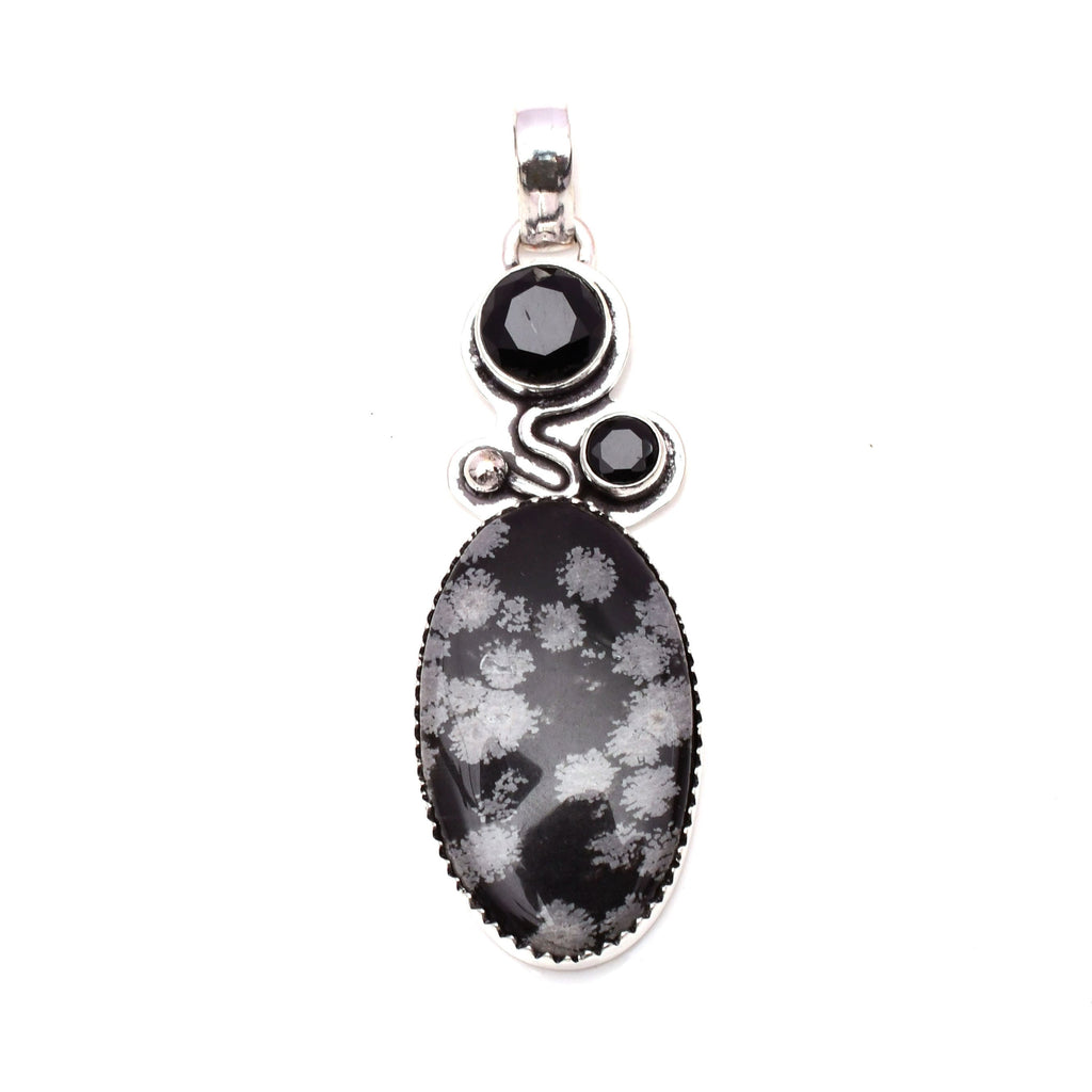 EkkJewels Snowflake Obsidian 925 Sterling Silver Pendant Necklace