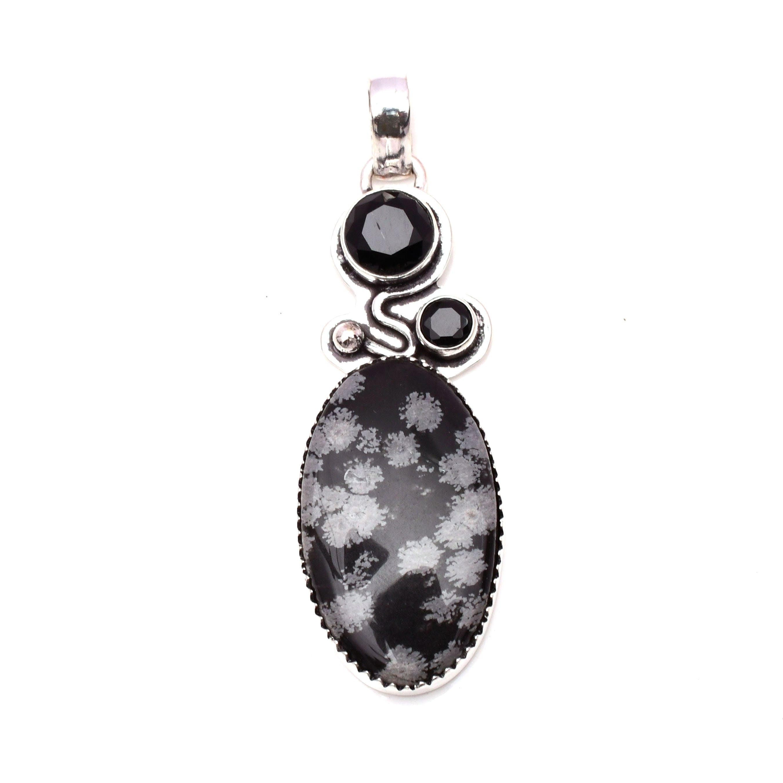EkkJewels Snowflake Obsidian 925 Sterling Silver Pendant Necklace