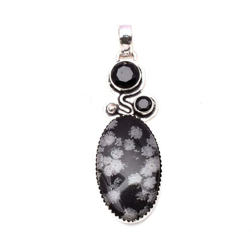 EkkJewels Snowflake Obsidian 925 Sterling Silver Pendant Necklace