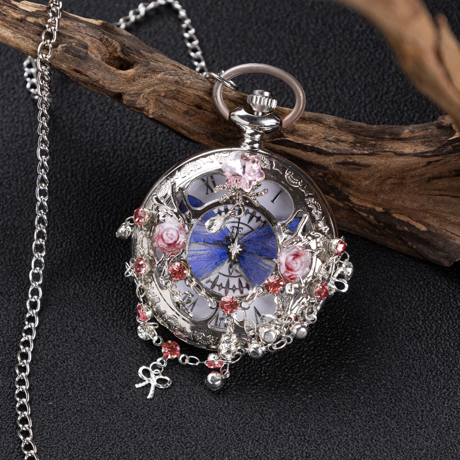 Oryeia Handmade Blue Morpho Butterfly Pocket Watch Necklace