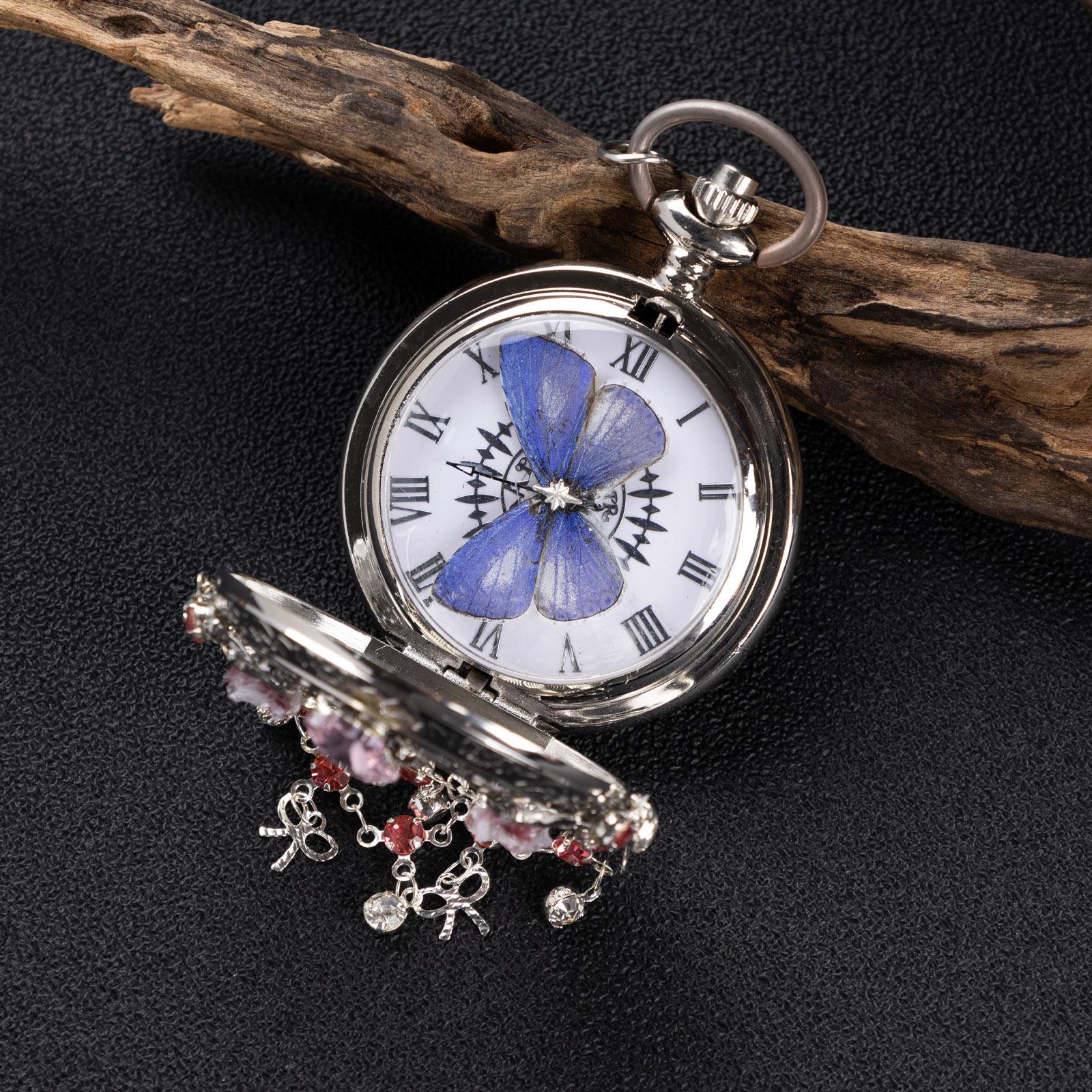 Oryeia Handmade Blue Morpho Butterfly Pocket Watch Necklace