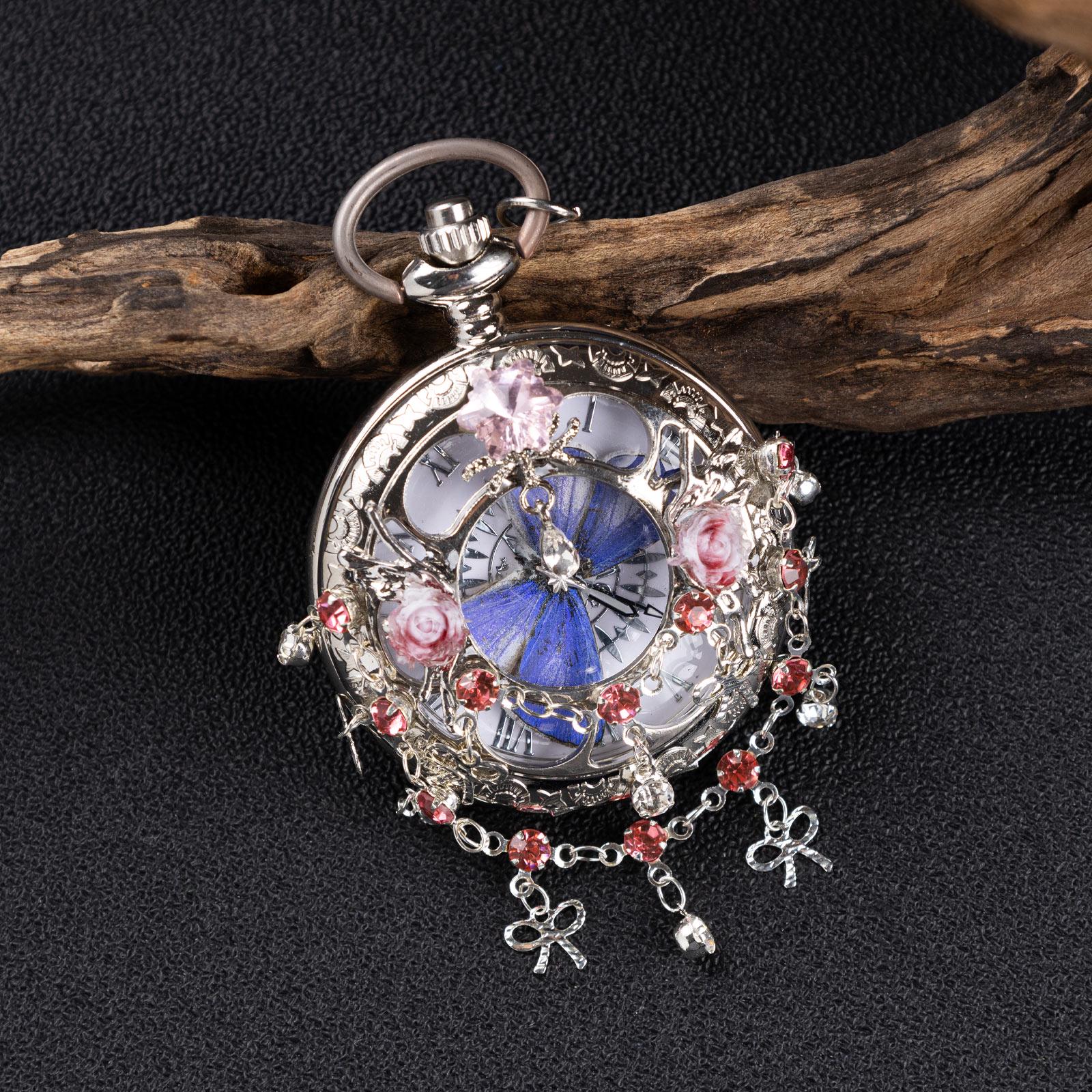 Oryeia Handmade Blue Morpho Butterfly Pocket Watch Necklace