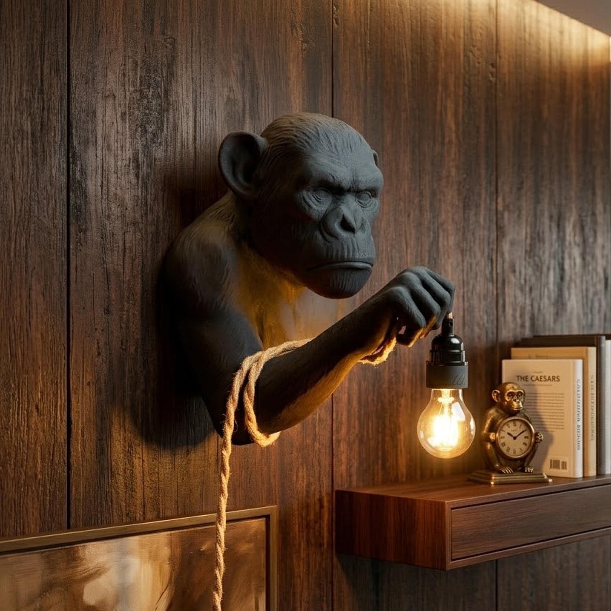 April16studio Monkey Wall Sconce 3D-Sculpted Wall Lamp Matte Black 9x12in