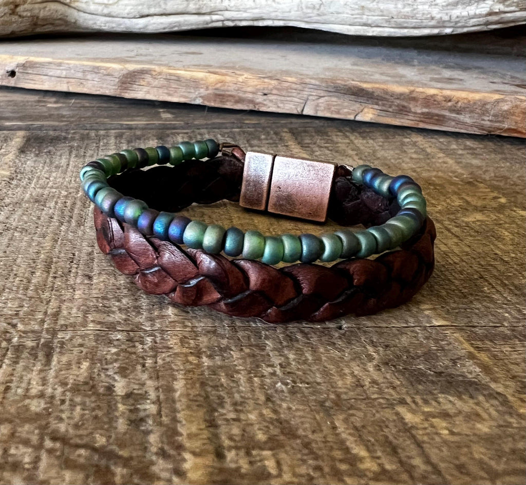 BohoWrapFrancesca Wide Braided Leather Bracelet Green Iridescent Beads