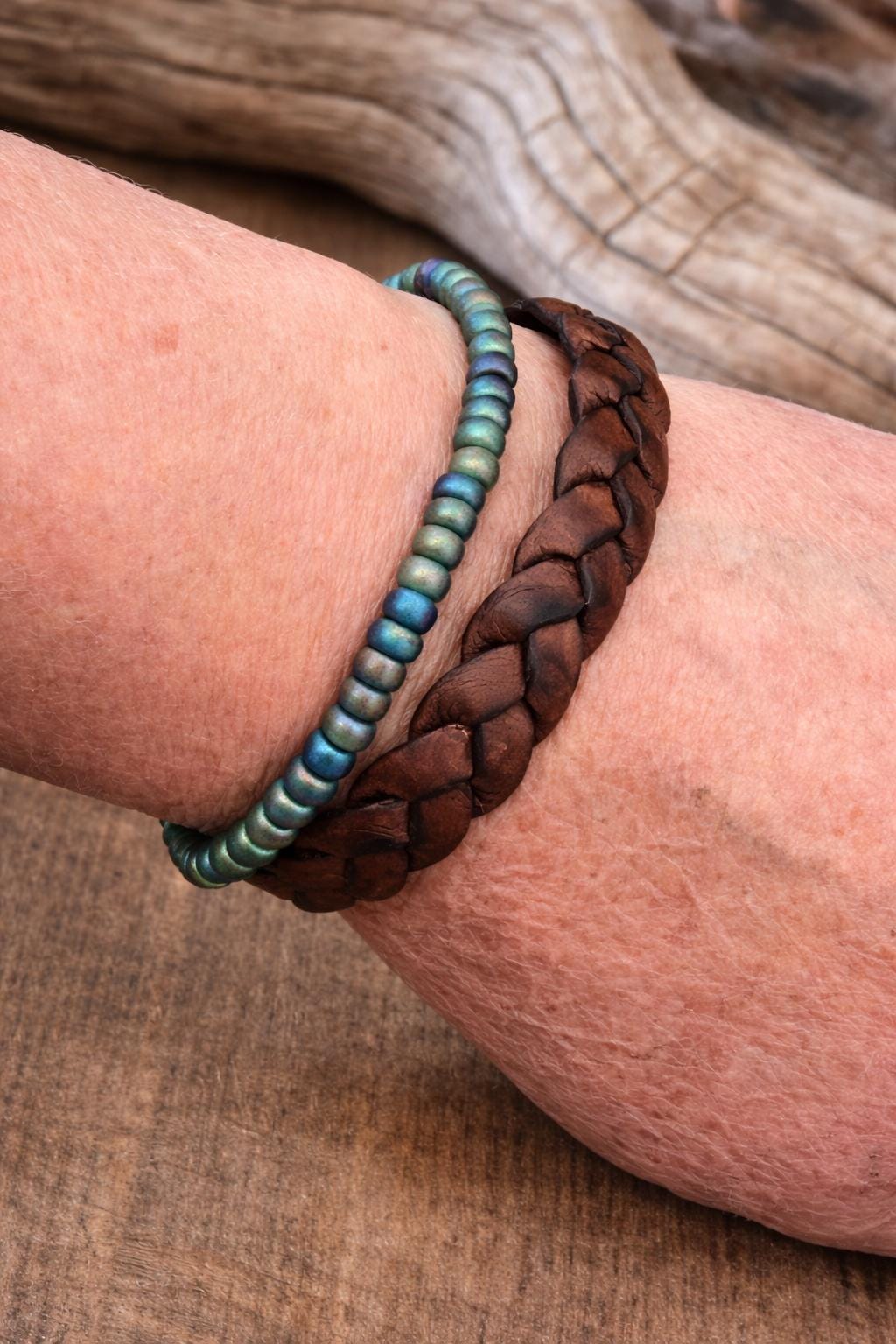 BohoWrapFrancesca Wide Braided Leather Bracelet Green Iridescent Beads