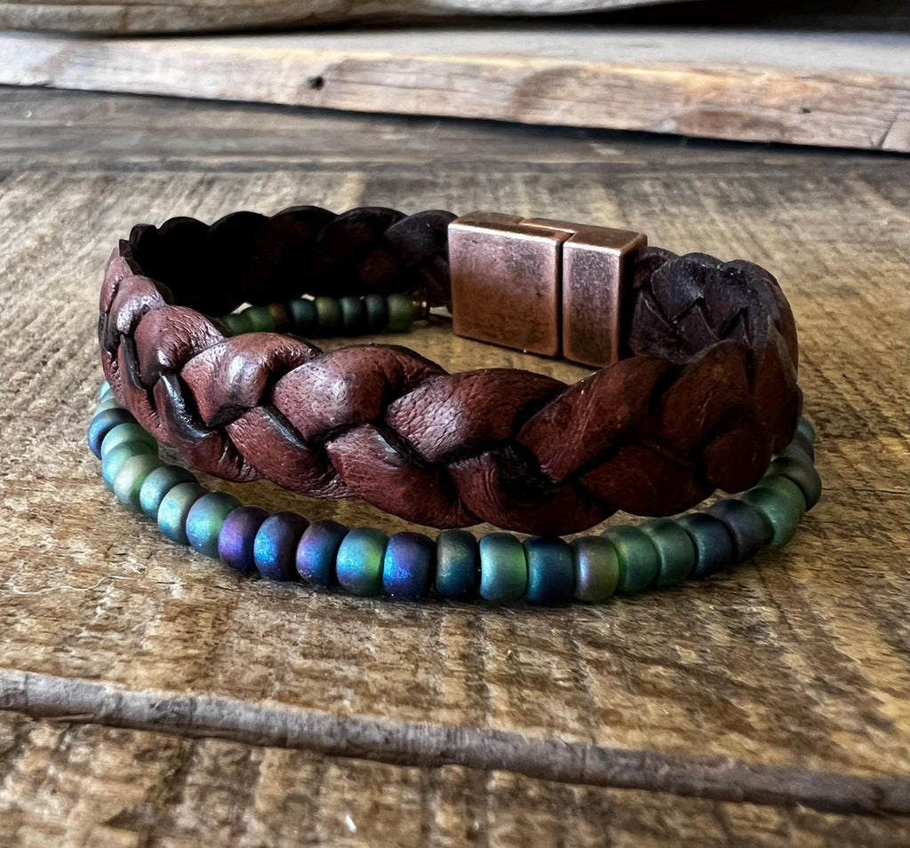 BohoWrapFrancesca Wide Braided Leather Bracelet Green Iridescent Beads