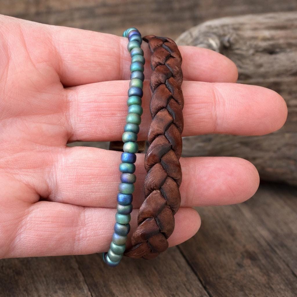 BohoWrapFrancesca Wide Braided Leather Bracelet Green Iridescent Beads