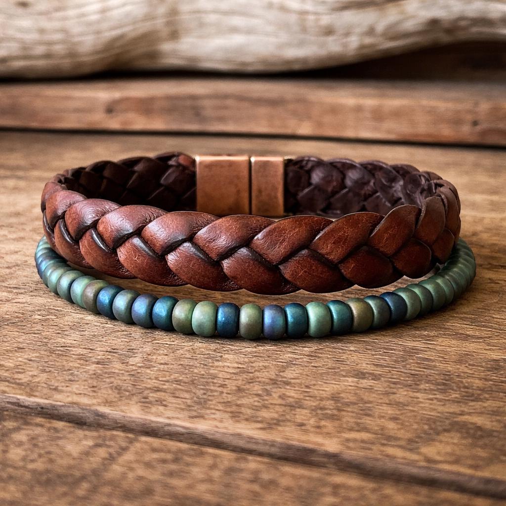 BohoWrapFrancesca Wide Braided Leather Bracelet Green Iridescent Beads
