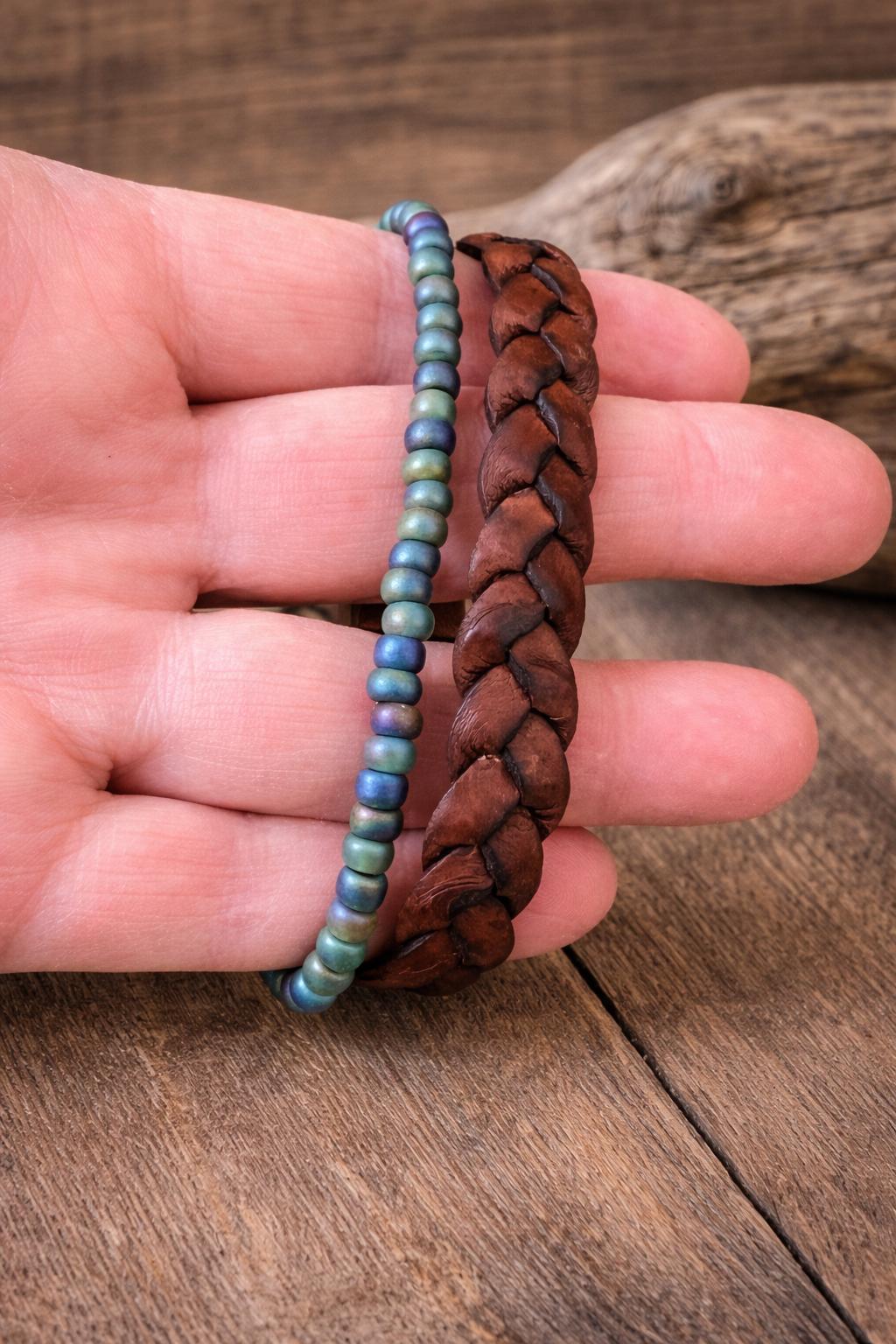 BohoWrapFrancesca Wide Braided Leather Bracelet Green Iridescent Beads