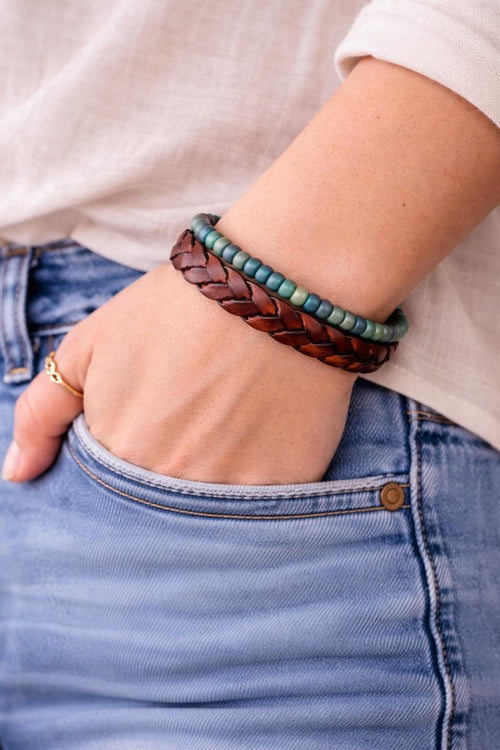 BohoWrapFrancesca Wide Braided Leather Bracelet Green Iridescent Beads