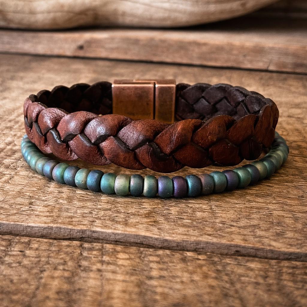 BohoWrapFrancesca Wide Braided Leather Bracelet Green Iridescent Beads