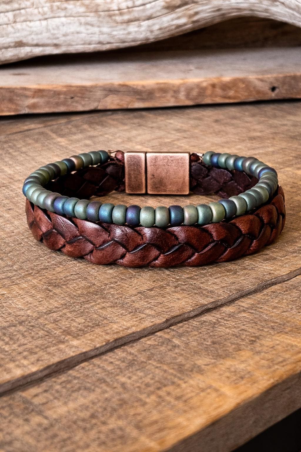 BohoWrapFrancesca Wide Braided Leather Bracelet Green Iridescent Beads