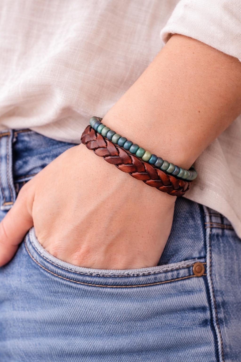 BohoWrapFrancesca Wide Braided Leather Bracelet Green Iridescent Beads
