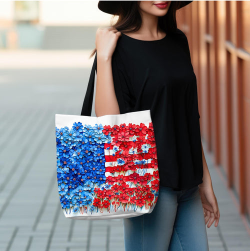 American Flag Floral Tote Bag Patriotic Wildflower Design 4th of July Gift