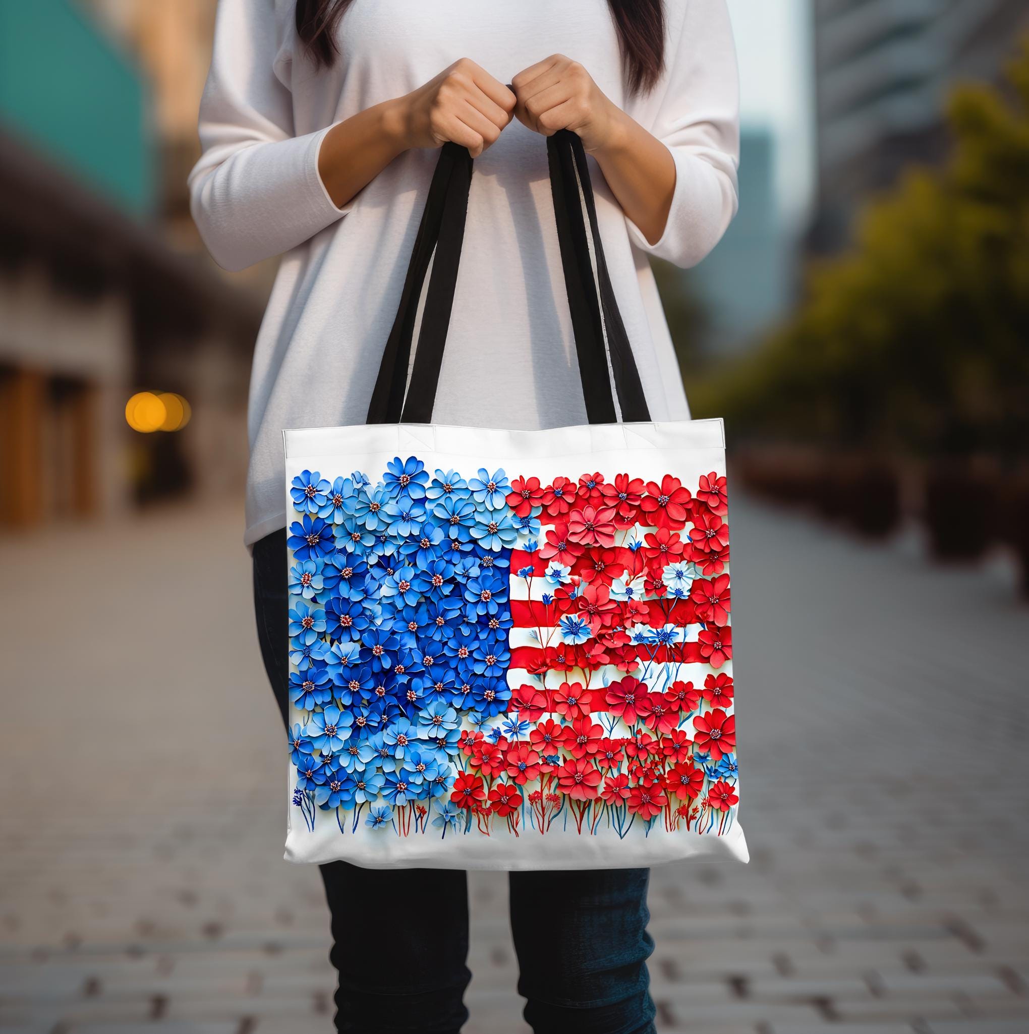 American Flag Floral Tote Bag Patriotic Wildflower Design 4th of July Gift