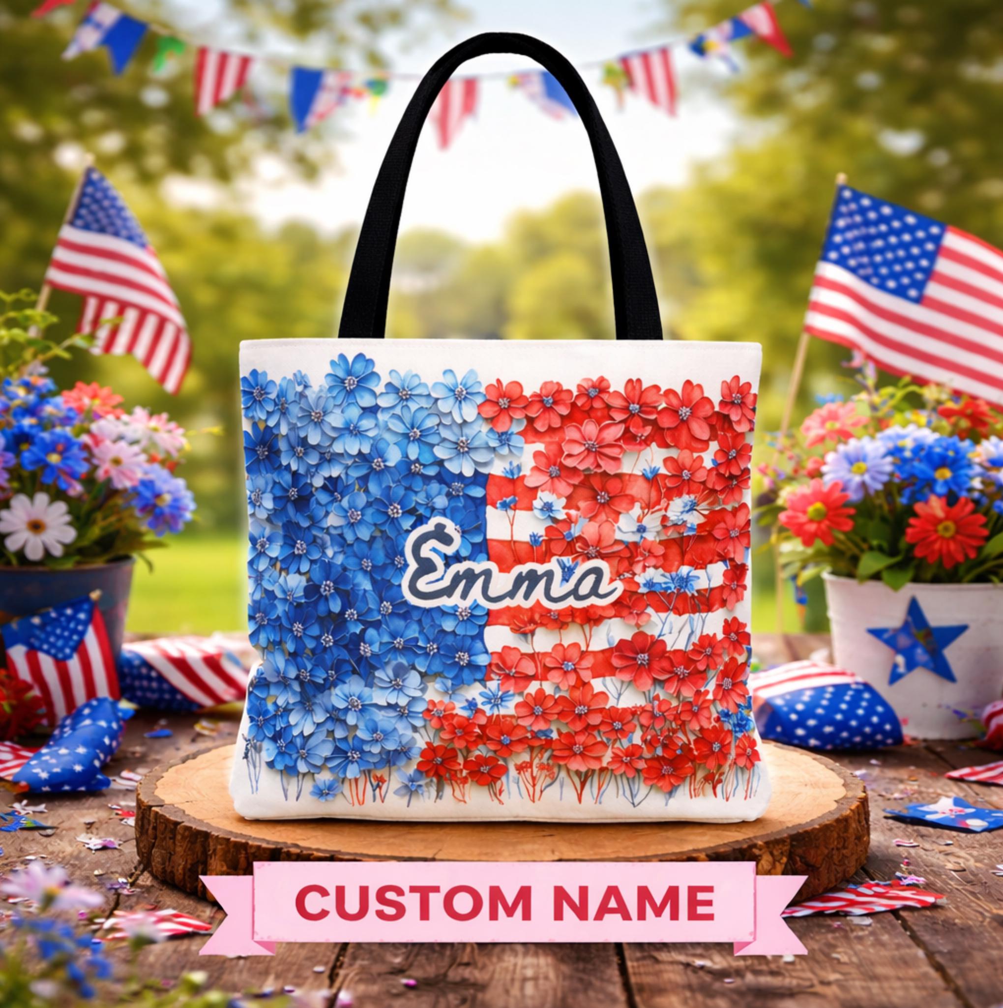 American Flag Floral Tote Bag Patriotic Wildflower Design 4th of July Gift