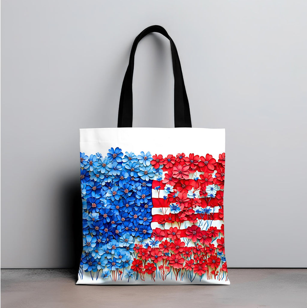 American Flag Floral Tote Bag Patriotic Wildflower Design 4th of July Gift