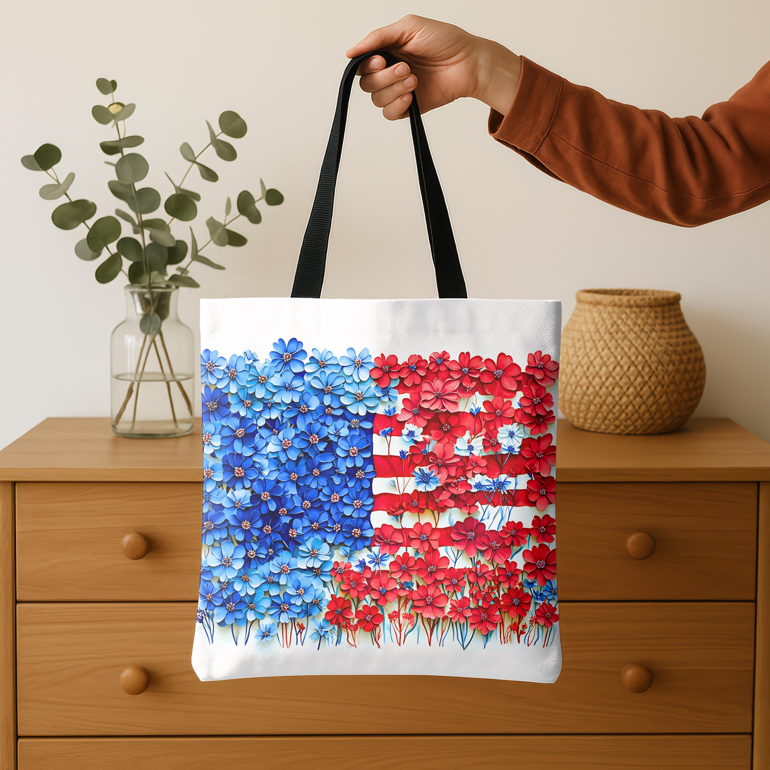 American Flag Floral Tote Bag Patriotic Wildflower Design 4th of July Gift