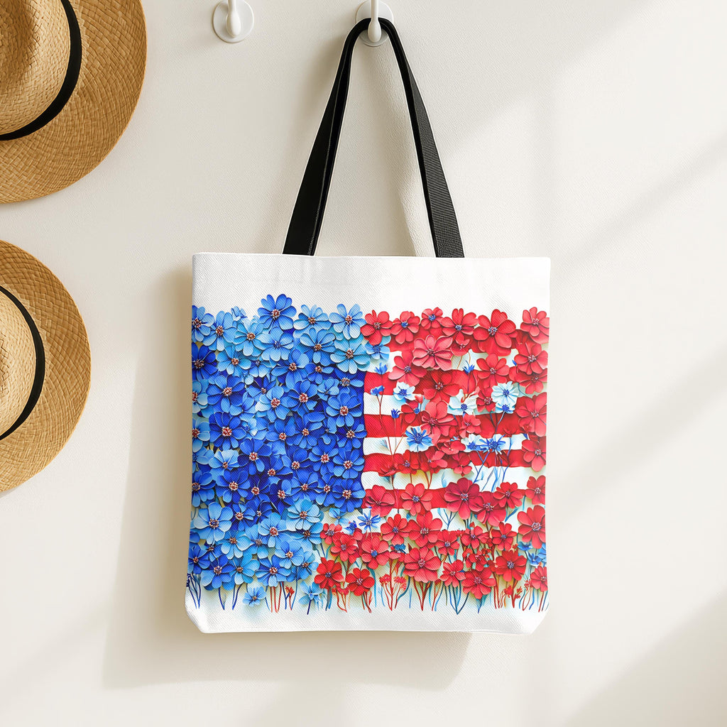 American Flag Floral Tote Bag Patriotic Wildflower Design 4th of July Gift