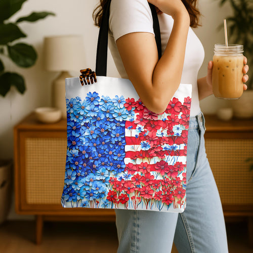 American Flag Floral Tote Bag Patriotic Wildflower Design 4th of July Gift