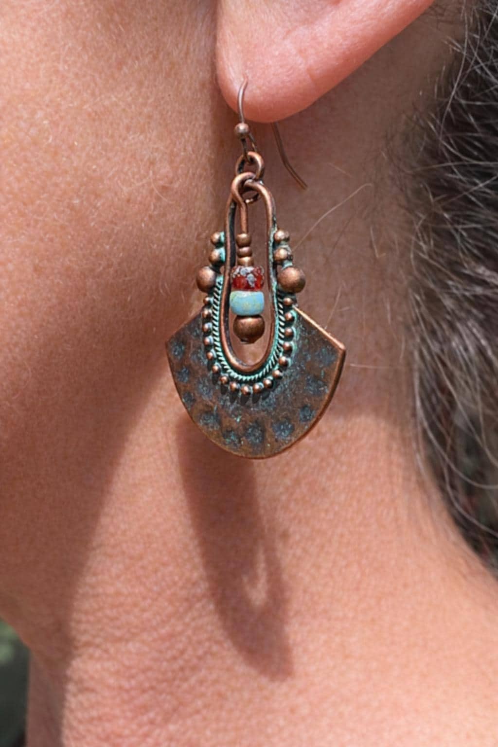 BohoWrapFrancesca Boho Copper Patina Dangle Earrings Turquoise Blue