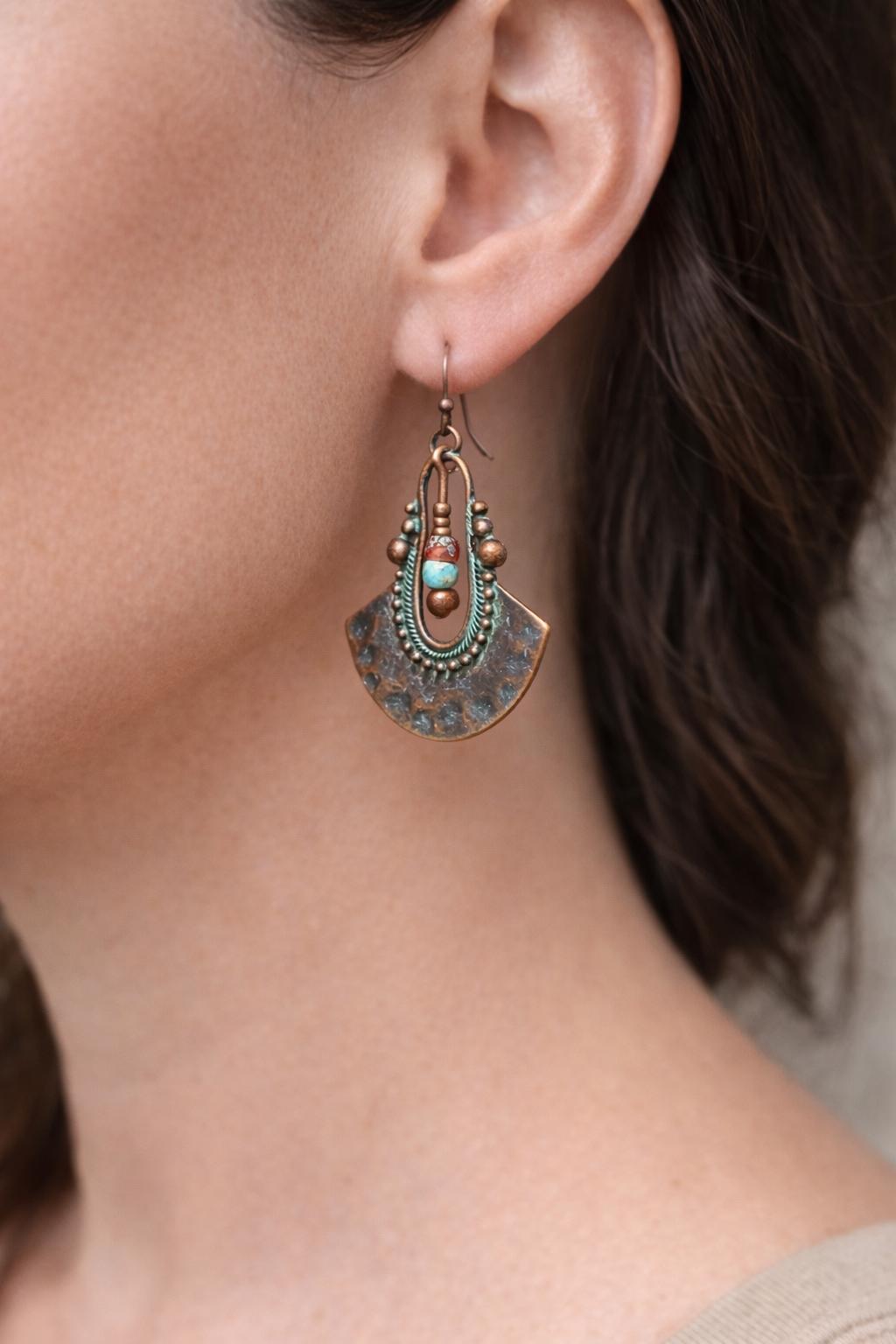 BohoWrapFrancesca Boho Copper Patina Dangle Earrings Turquoise Blue