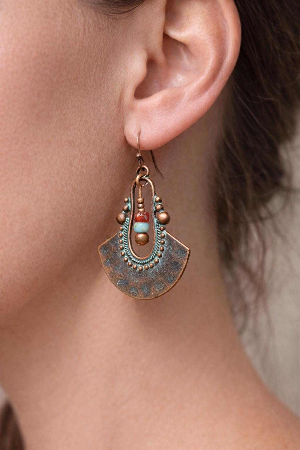 BohoWrapFrancesca Boho Copper Patina Dangle Earrings Turquoise Blue