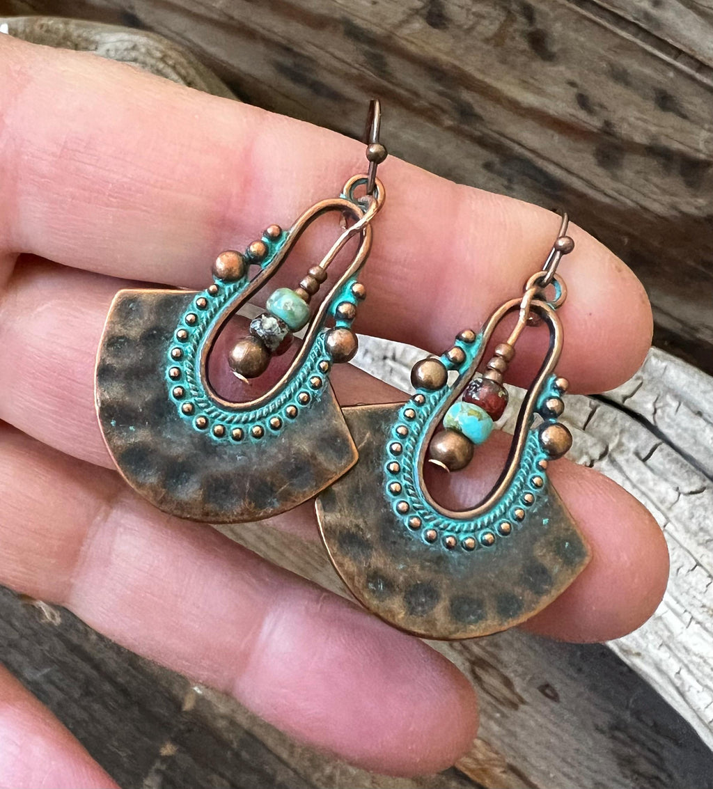 BohoWrapFrancesca Boho Copper Patina Dangle Earrings Turquoise Blue