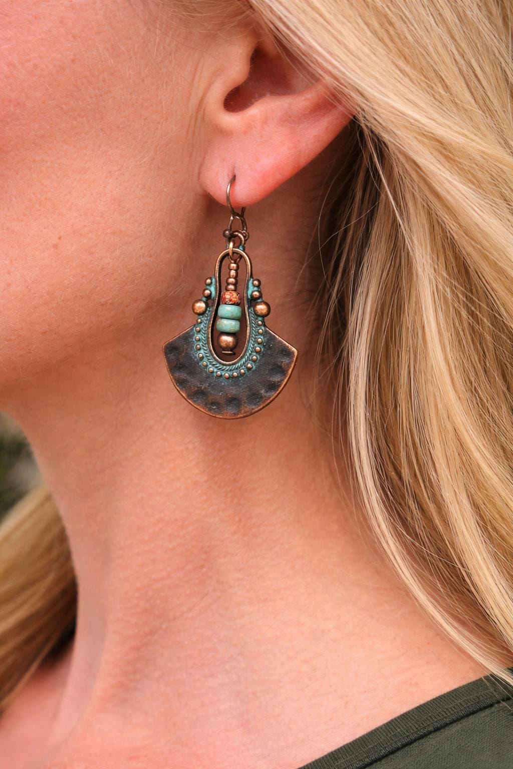 BohoWrapFrancesca Boho Copper Patina Dangle Earrings Turquoise Blue
