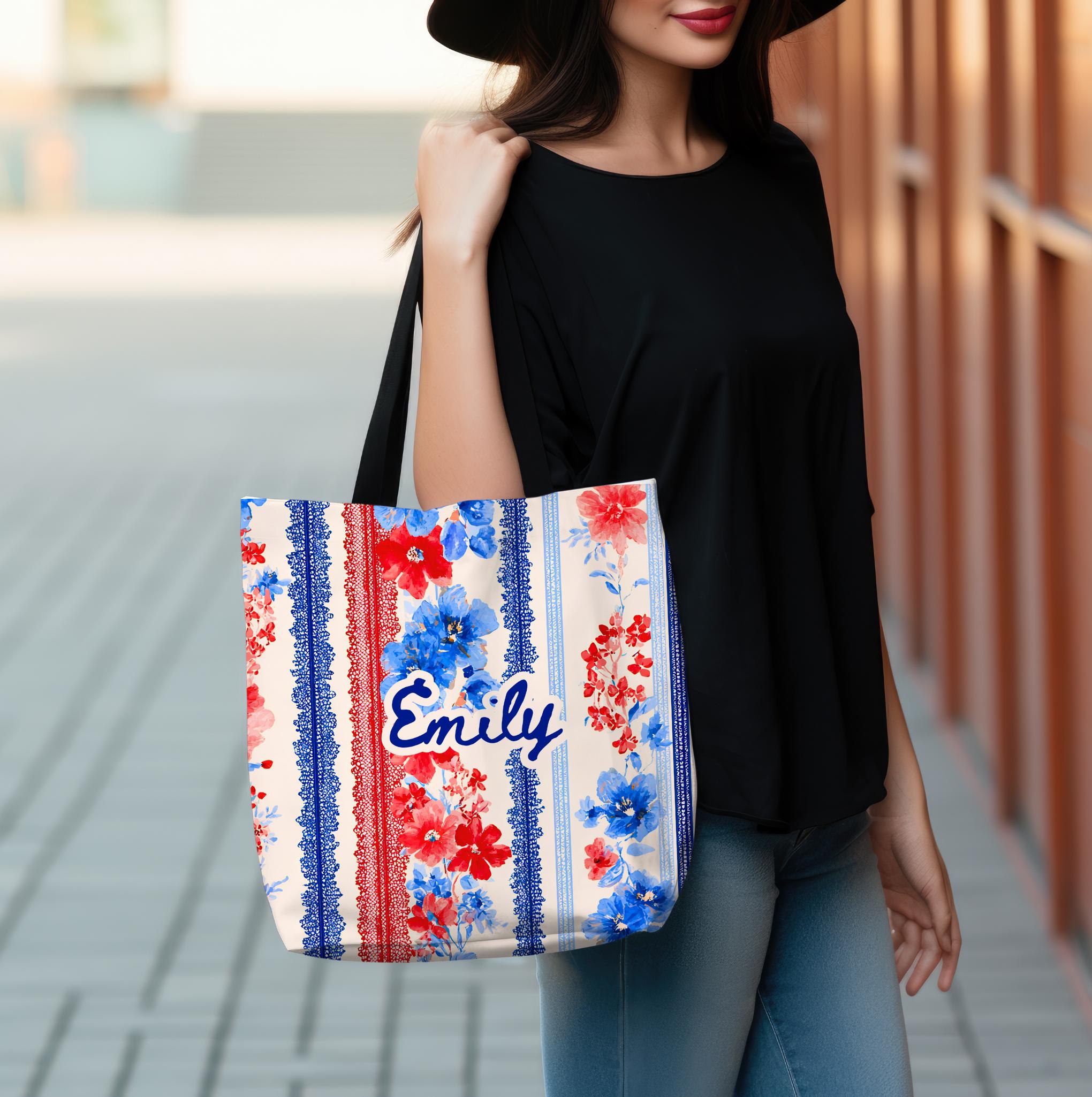 Personalized Floral Tote Bag Red White Blue Custom Patriotic Gift