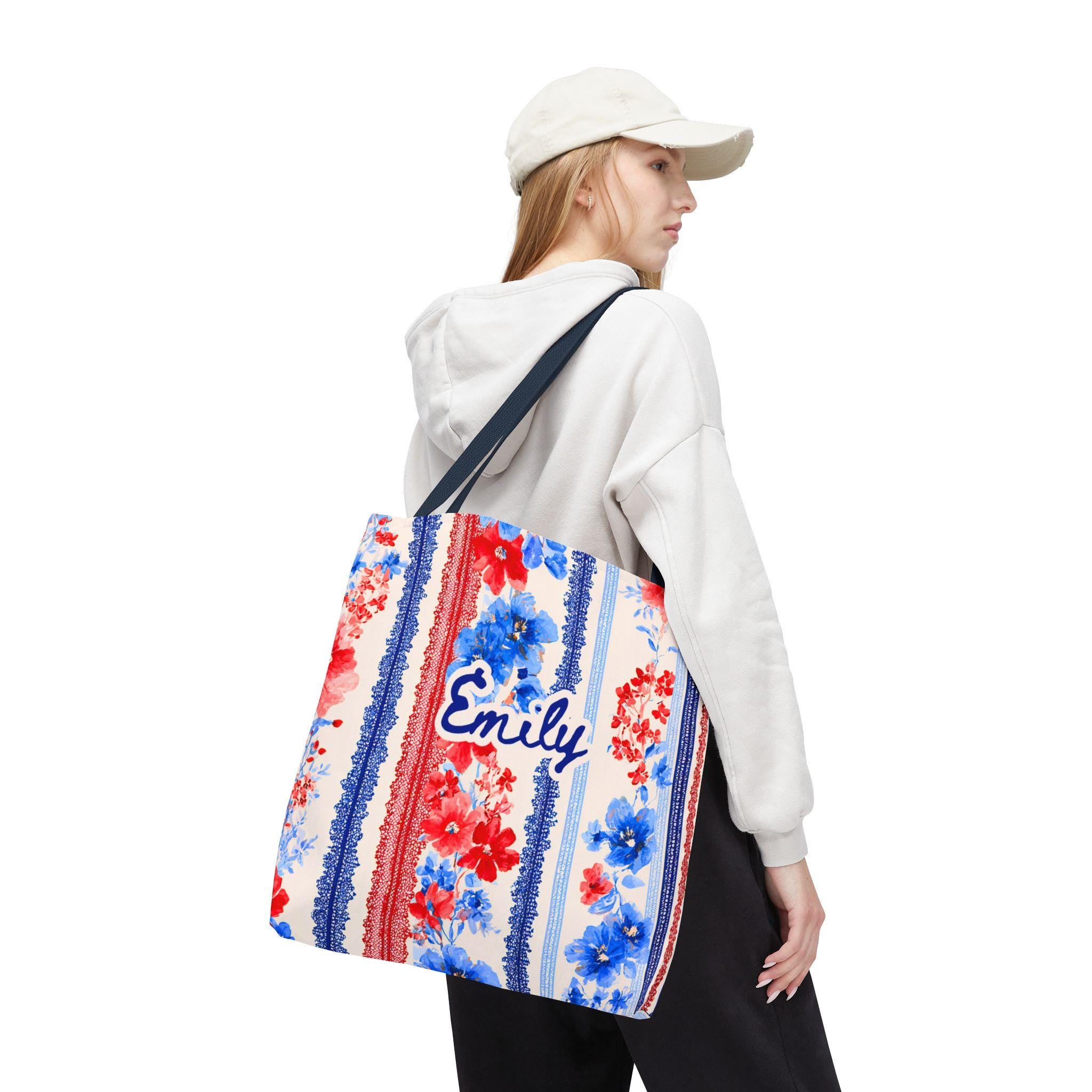 Personalized Floral Tote Bag Red White Blue Custom Patriotic Gift