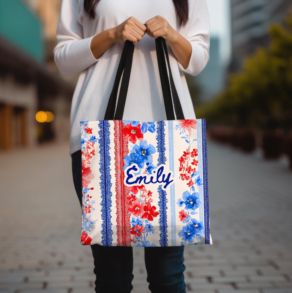 Personalized Floral Tote Bag Red White Blue Custom Patriotic Gift