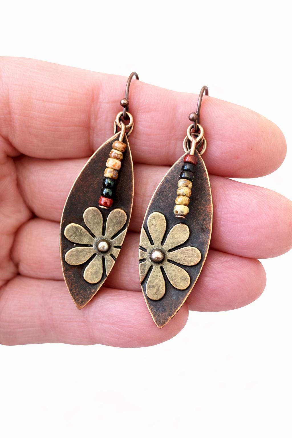 BohoWrapFrancesca Rustic Copper Flower Dangle Earrings Beaded Jewelry