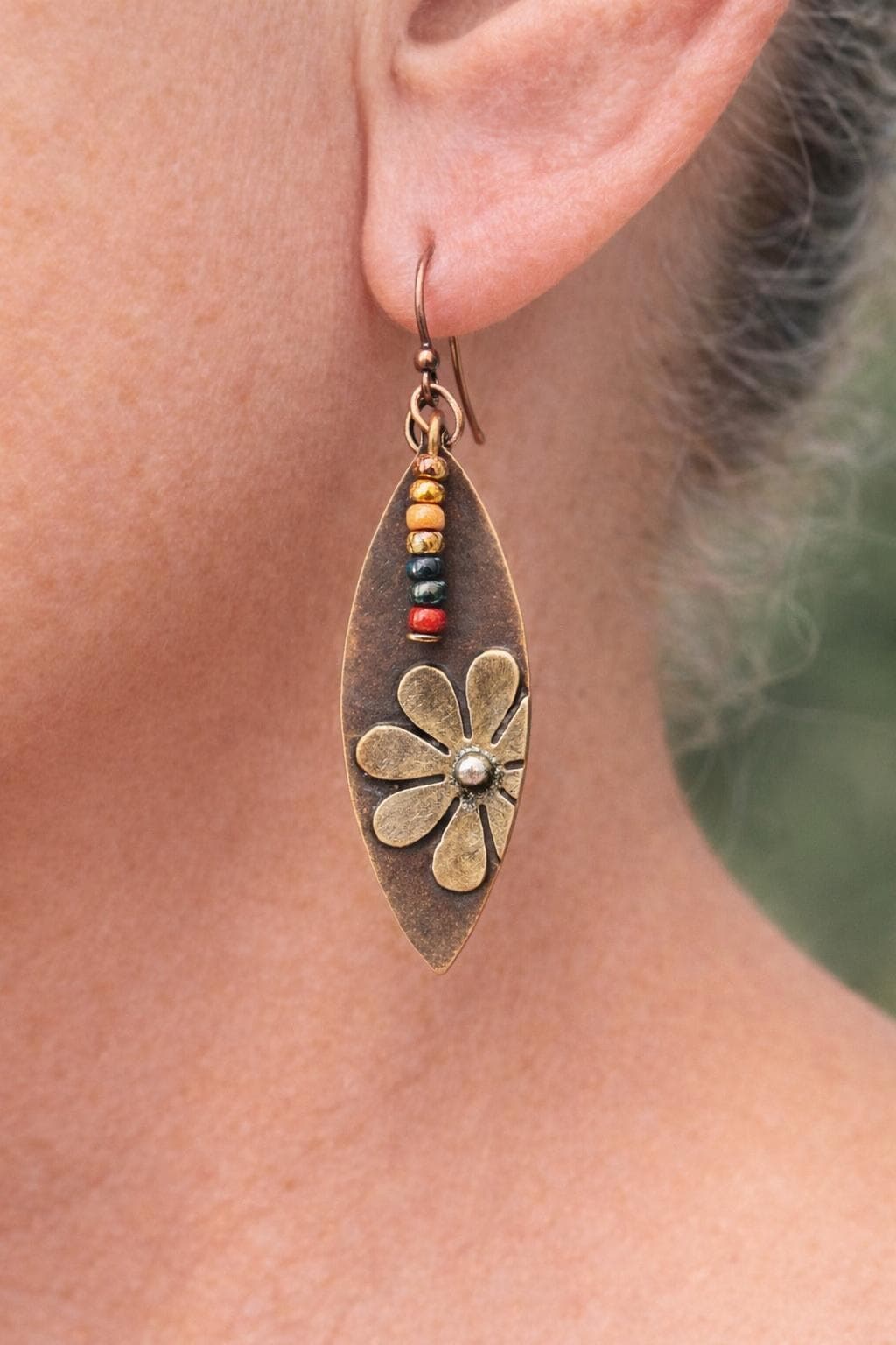 BohoWrapFrancesca Rustic Copper Flower Dangle Earrings Beaded Jewelry