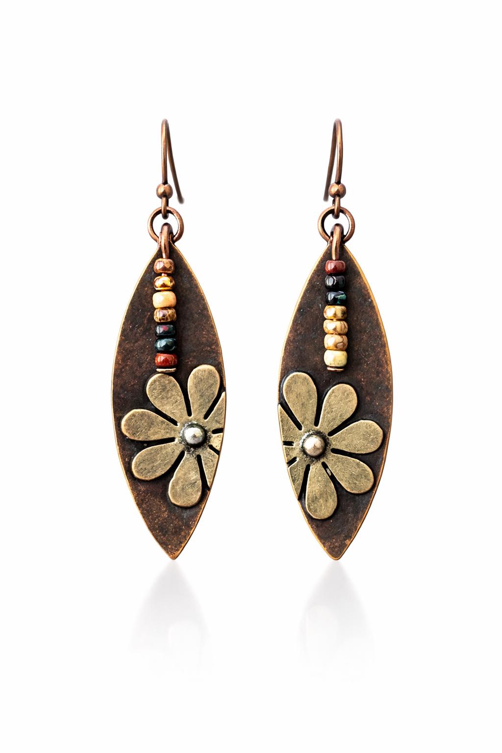 BohoWrapFrancesca Rustic Copper Flower Dangle Earrings Beaded Jewelry