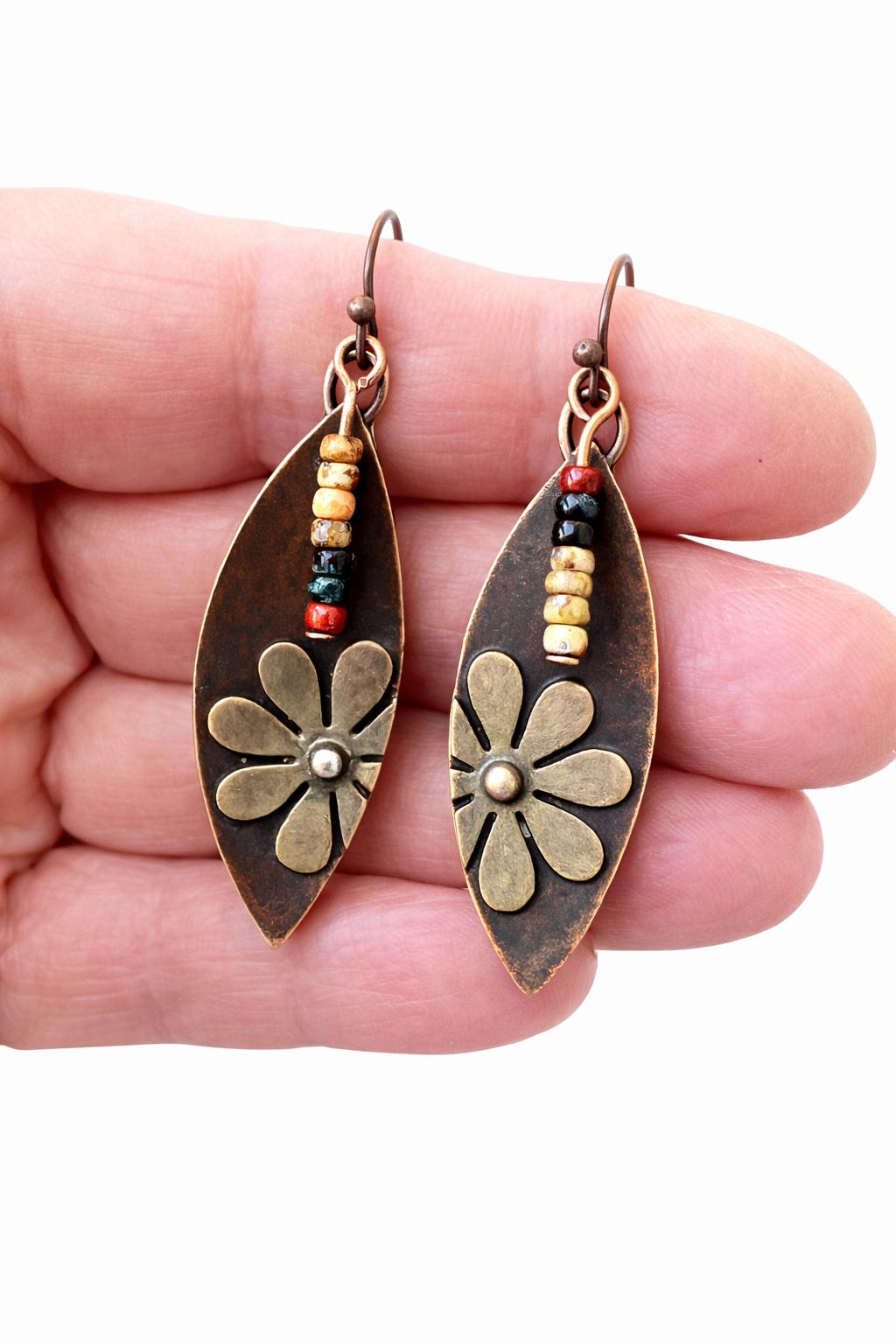 BohoWrapFrancesca Rustic Copper Flower Dangle Earrings Beaded Jewelry