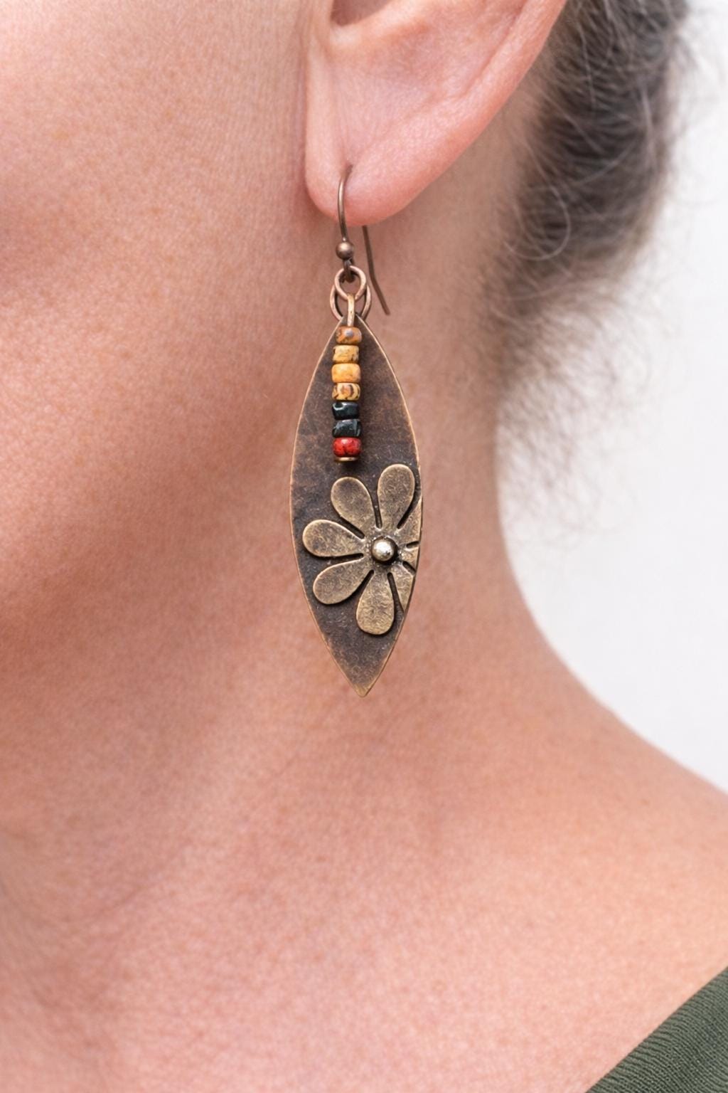 BohoWrapFrancesca Rustic Copper Flower Dangle Earrings Beaded Jewelry