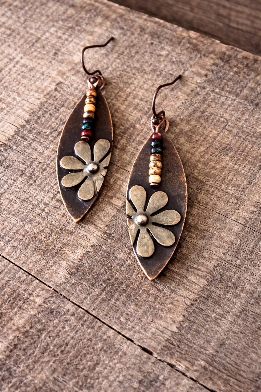BohoWrapFrancesca Rustic Copper Flower Dangle Earrings Beaded Jewelry