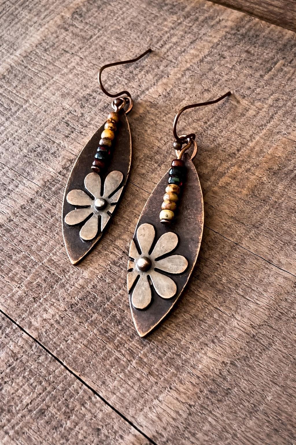 BohoWrapFrancesca Rustic Copper Flower Dangle Earrings Beaded Jewelry