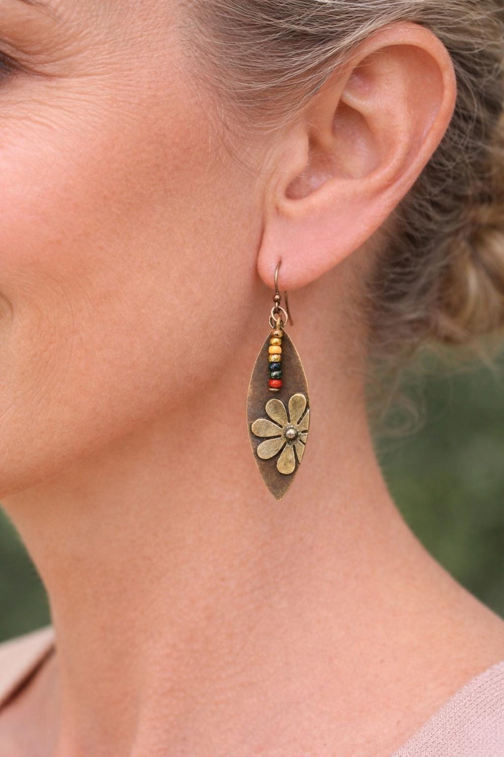 BohoWrapFrancesca Rustic Copper Flower Dangle Earrings Beaded Jewelry