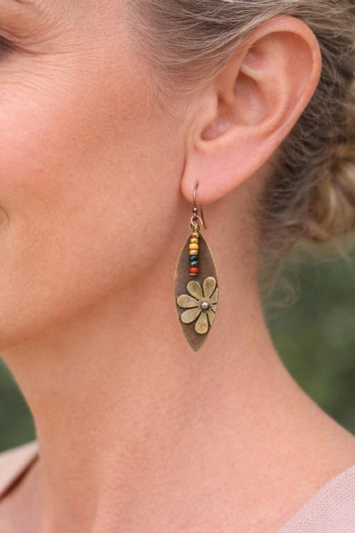 BohoWrapFrancesca Rustic Copper Flower Dangle Earrings Beaded Jewelry