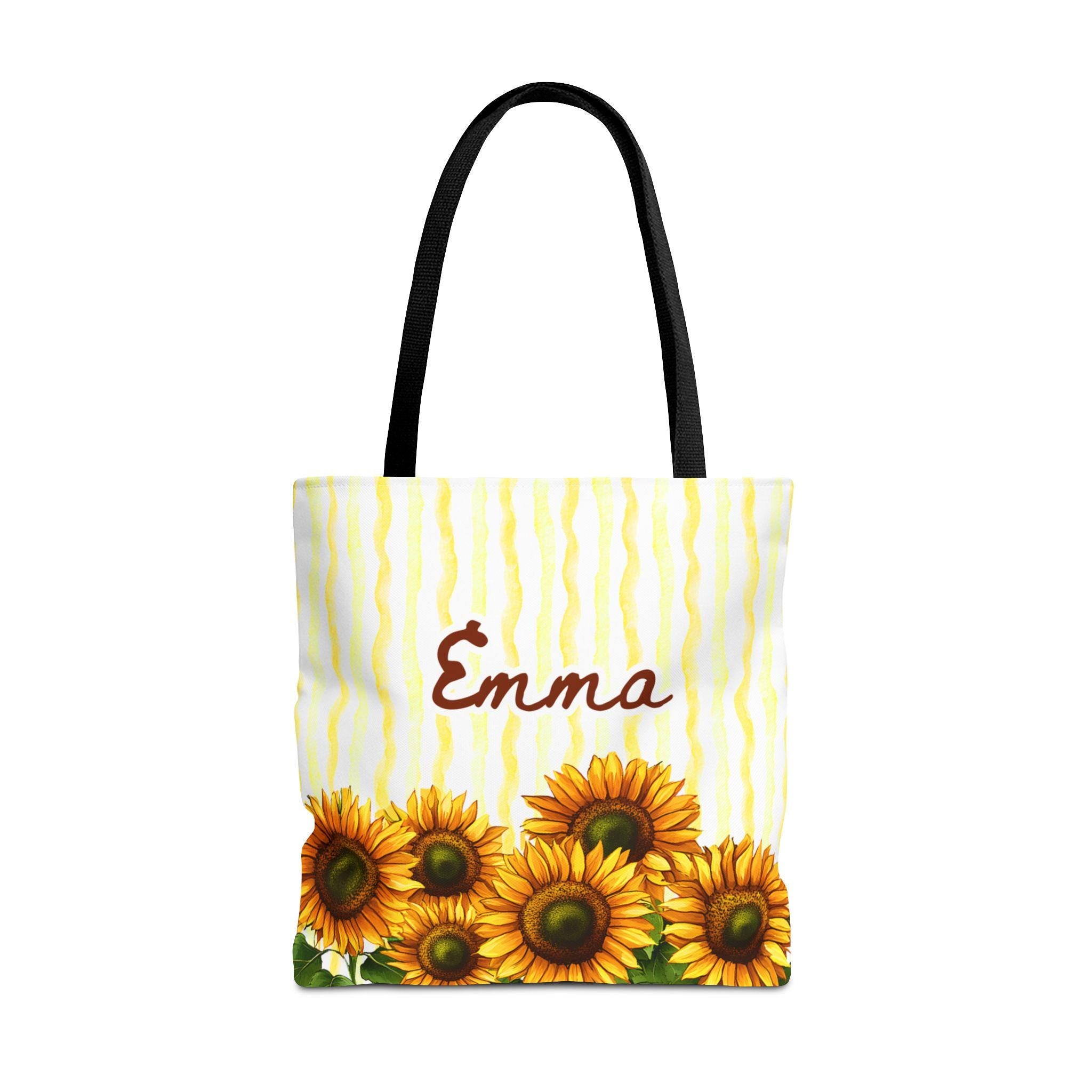 Personalized Sunflower Tote Bag with Custom Name, Yellow Floral Tote