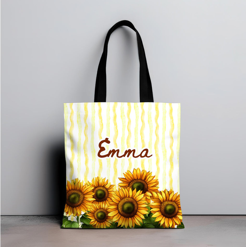 Personalized Sunflower Tote Bag with Custom Name, Yellow Floral Tote